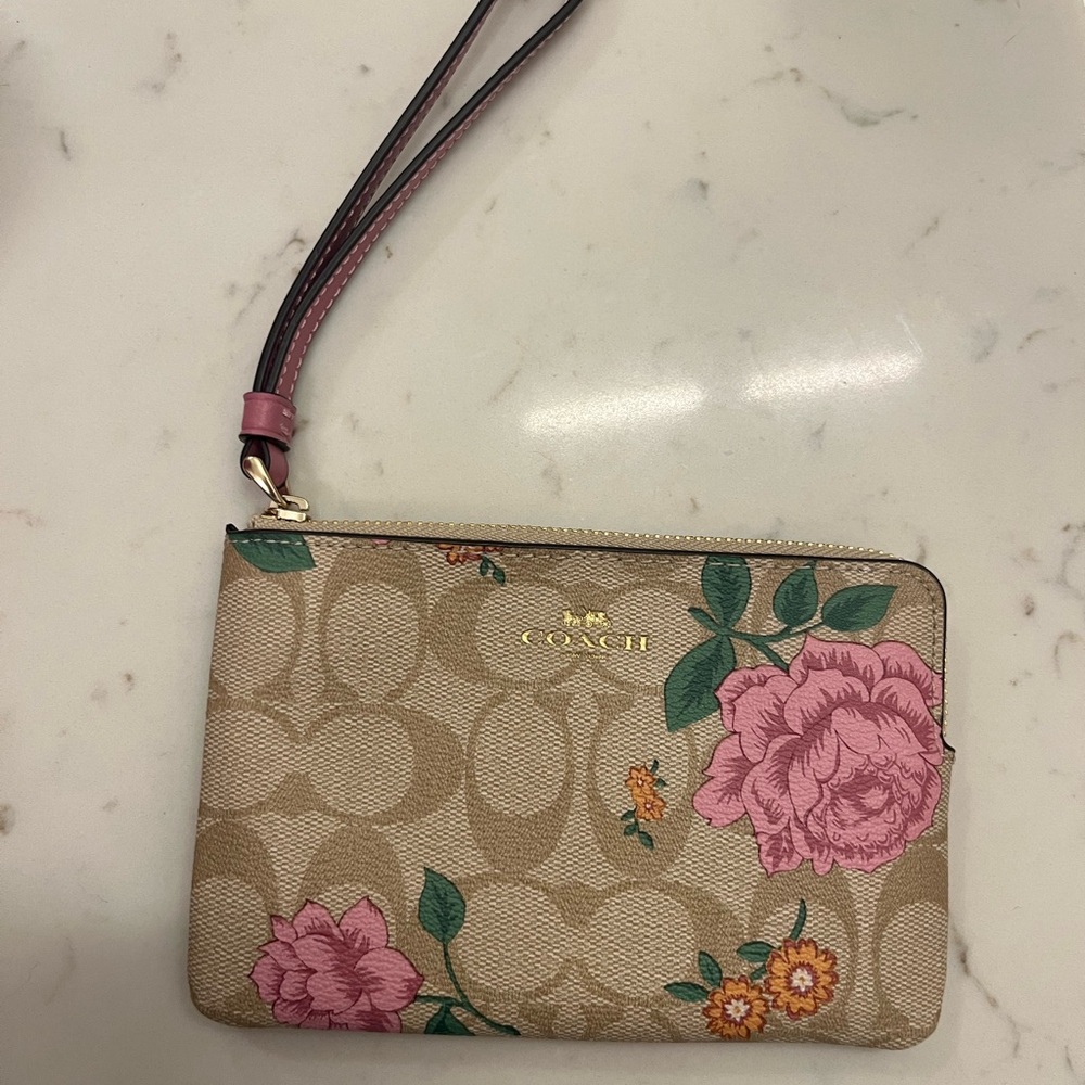 Coach Tan Signature Canvas Wristlet with Pink Floral Print